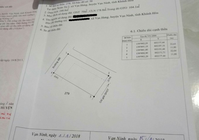 Bán đất tại Thôn Xuân Tự 2, Xã Vạn Hưng, Vạn Ninh,  Khánh Hòa diện tích 248.8m2  giá 1.6 Tỷ