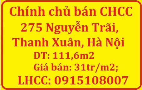 Chính chủ bán CHCC 275 Nguyễn Trãi, Thanh Xuân, 31tr/m2; 0915108007