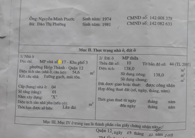 Bán nhà mặt tiền đường Hiệp Thành 06, phường Hiệp Thành, quận 12