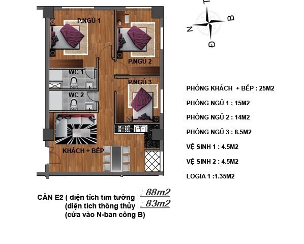Tôi có 1 suất căn hộ ngõ 234 Hoàng Quốc Việt, 83m2, 3PN vs 2VS, tầng 11, giá 26.5tr/m2
