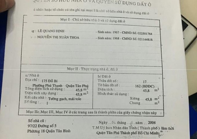 Nhà MTNB 179 Đỗ Bí, 1 lầu, 3,95x12m. Giá 4,7 tỷ TL