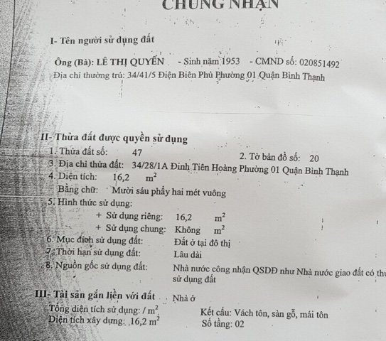 Bán nhà nát 34/28/1A Đinh Tiên Hoàng (4,2 x 4m) gần cầu Bông