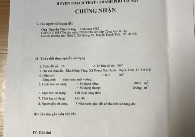 Bán đất tại Đường Đồng Vàng, Thạch Thất,  Hà Nội diện tích 100m2  giá 47 Triệu/m²