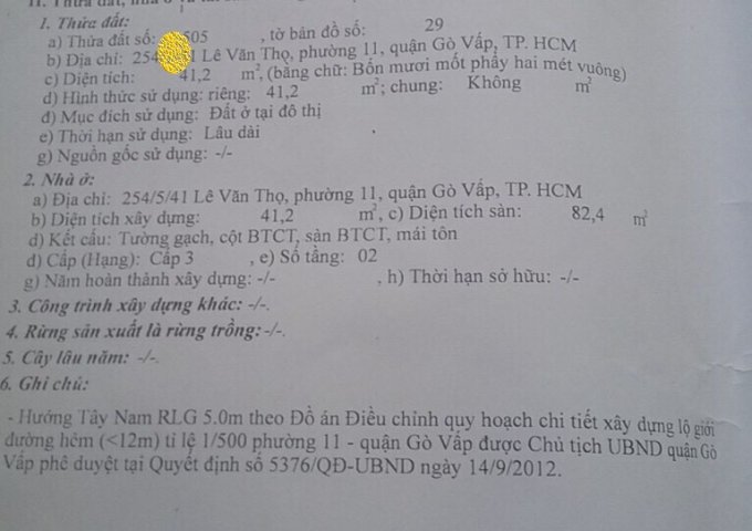 Bán gấp căn nhà hẻm 254 Lê Văn Thọ, phường 11, quận Gò Vấp 