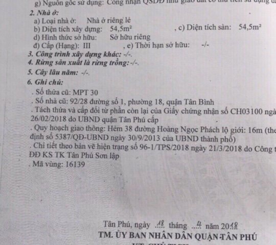Bán nhà cấp 4 hẻm 38 Hoàng Ngọc Phách, Phú Thọ Hòa, Tân Phú,dt 4x20m, giá 5.9 tỷ TL