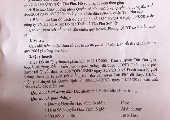 Bán nhà số mặt tiền 96 Nguyễn Háo Vĩnh ,p.Tân Qúy,q.Tân Phú 