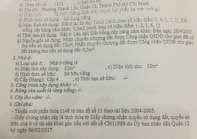 LÔ ĐẤT 1/ ĐƯỜNG TL41  Q12, GIÁ 2.5 TỶ