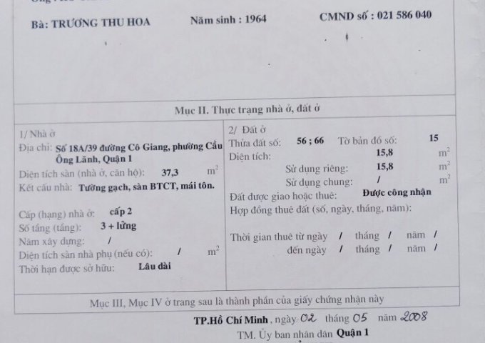 Bán nhà 18A/39 Cô Giang Q1 (4 tầng) – Giá: 2Tỷ200tr