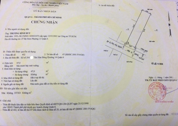 Bán đất thổ cư, hẻm 6m Tân Hòa Đông, P14, Q6, DT 4x17m, giá: 4,4 tỷ