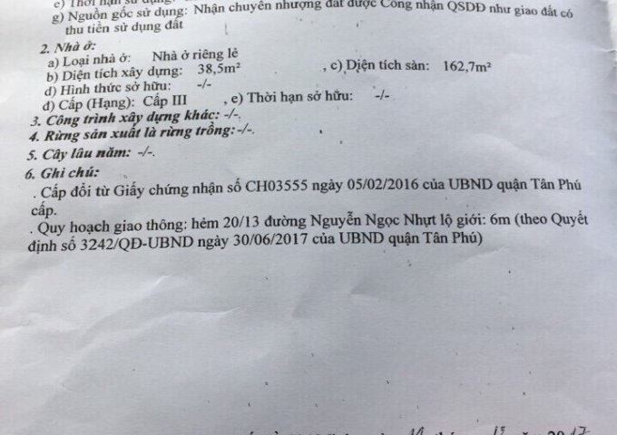Bán nhà 20/13/25 Nguyễn Ngọc Nhựt, Tân Phú, Tp. HCM, 3 lầu, giá 4,2 tỷ