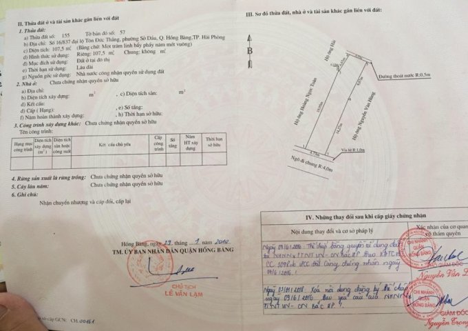 Bán đất 107.5 m2 tại ngõ 837 Tôn Đức Thắng, Sở Dầu, Hồng Bàng, Hải Phòng, giá 17 triệu/m2