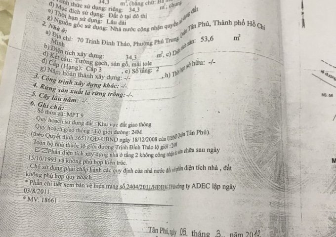 Bán nhà mặt tiền 70 Trịnh Đình Thảo, quận Tân Phú, gần Quận 11, giá 3,7 tỷ, DTSD 54m2