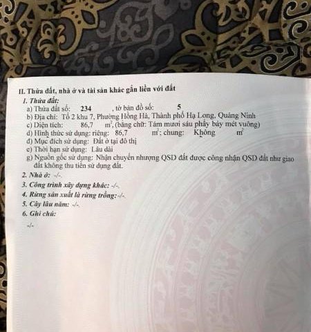 Bán đất ngõ 5 Dốc Giao Thông, Cột 8, P. Hồng Hà, DT: 86.7m2, MT: 6.35m, hướng Nam