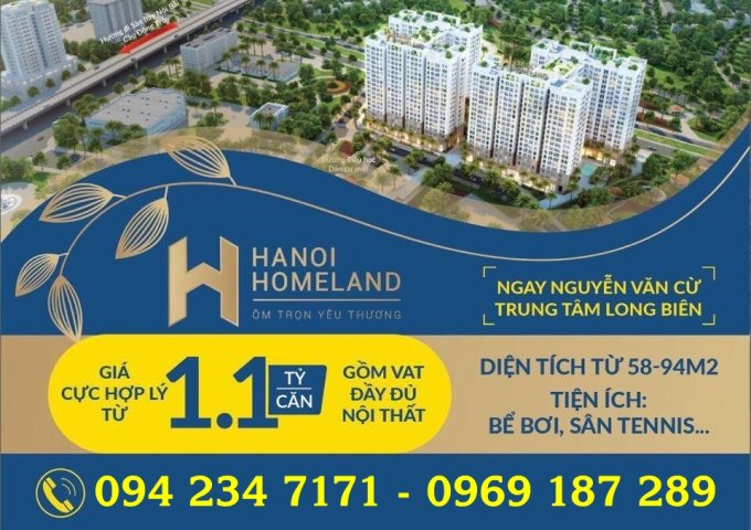 Căn hộ dự án Hà Nội Homeland, 1,29 tỷ, 63m2, 2 phòng ngủ, nội thất cơ bản. 0969 187 289
