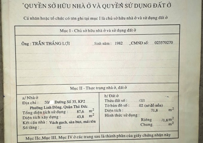Bán nhà hẻm 50 đường 35, P. Linh Đông, Q. Thủ Đức