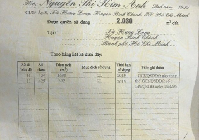 Chính chủ bán 2030m2 đất tại C1/29 Ấp 3 Xã Hưng Long, Bình Chánh, giá 7tr/m2, LH: 0908998390