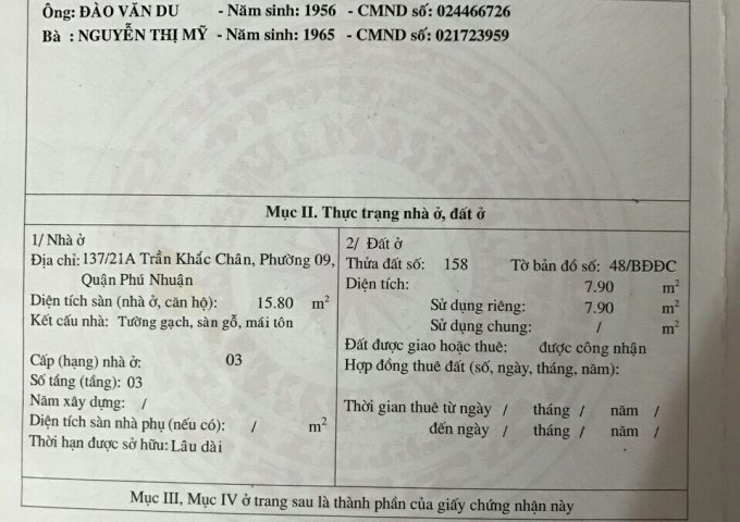 Bán nhà 137/21A Trần Khắc Chân, P. 9, Q. Phú Nhuận