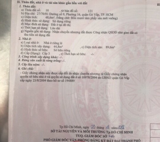 Bán nhà hẻm 27, đường Số 9, Gò Vấp (Lê Đức Thọ)