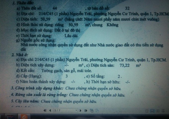 Bán Nhà hẻm 214/C45 Nguyễn Trãi, P. Nguyễn Cư Trinh, Q.1 (4.2m x 12,05m): DT ~ 51m2– Giá: 6,0tỷ 