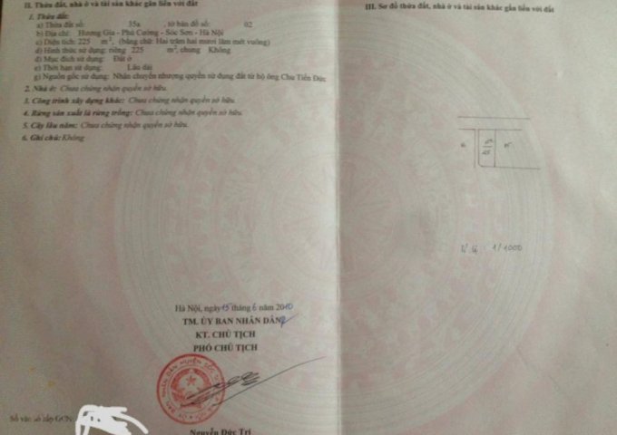 Bán đất tại Hương Gia, Phú Cường, Sóc Sơn, Hà Nội diện tích 225m2 giá 10 Triệu/m²