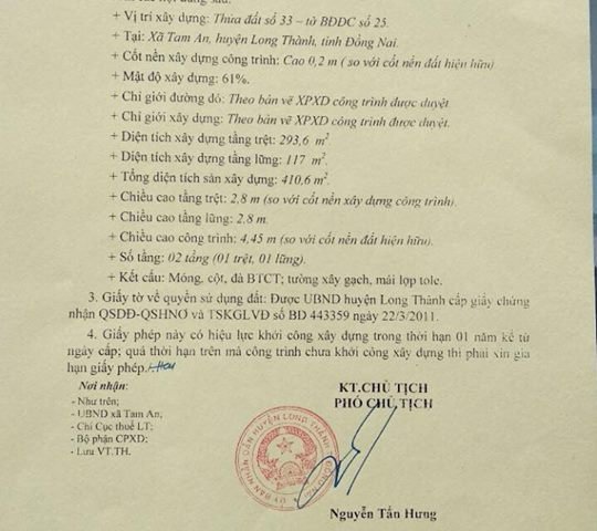 Cần bán 858m2 Tam An, Long Thành, Đồng Nai, gần sân bay Long Thành đã có giấy phép xây phòng trọ
