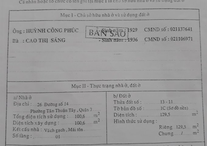 Nhà cấp 4 góc 2 MT đường 14A & 5K khu Cư xá Ngân Hàng, P. Tân Thuận Tây, Q7