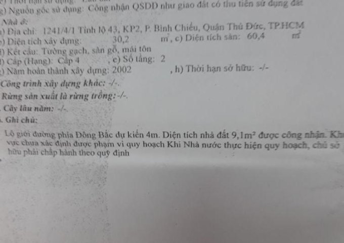 Bán gấp nhà 1 trệt, 1 lầu đường Tỉnh Lộ 43, DT 6.5x5m, 1.3 tỷ