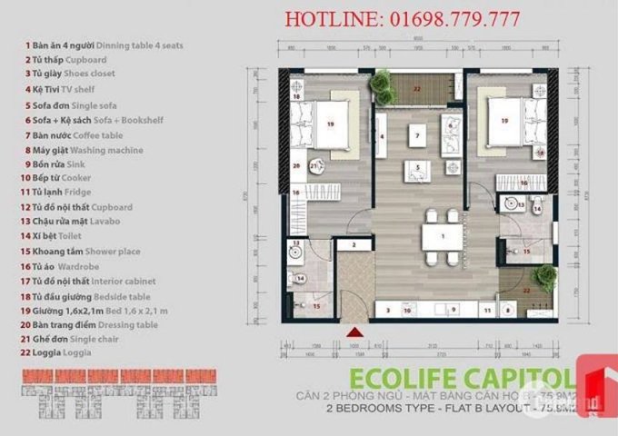 Căn hộ 2PN, đủ đồ đạc, Ecolife Capitol Tố Hữu, chính chủ cho thuê