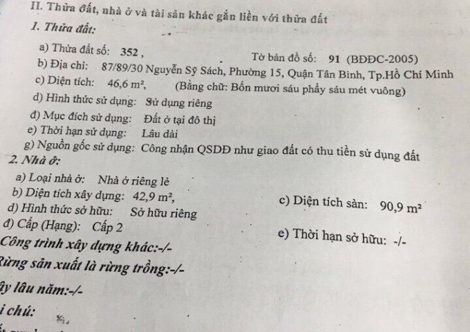Bán nhà 87/89/30 Nguyễn Sỹ Sách, P. 15, Tân Bình