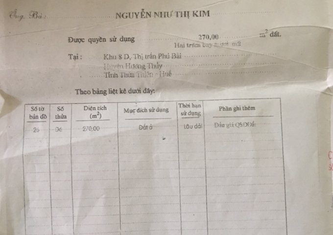  Bán đất 2 mặt tiền , 270m2, đường Nguyễn Quang Yên , Phú Bài, Khu đối diện nhà hàng Cường  Lệ.