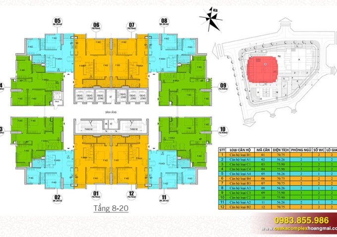 Gấp bán lỗ 200tr, CC Osaka Complex Hoàng Mai, 1611 (56m2) và 1510 (76m2), A, 20tr/m2, 0968452227