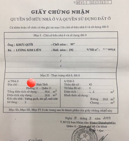 Bán nhà hẻm 3m 71/ Bình Thới, P11, Q11, DT 3,6x8,4m, nở 4,8m, trệt, 1 lầu gỗ, giá 3.35 tỷ