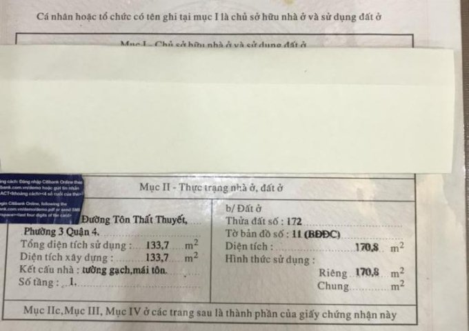 Bán nhà MT Tôn Thất Thuyết, Phường 3, Quận 4, TP. HCM, DT: 170.8m2, giá: 27 tỷ, LH: 0903819089