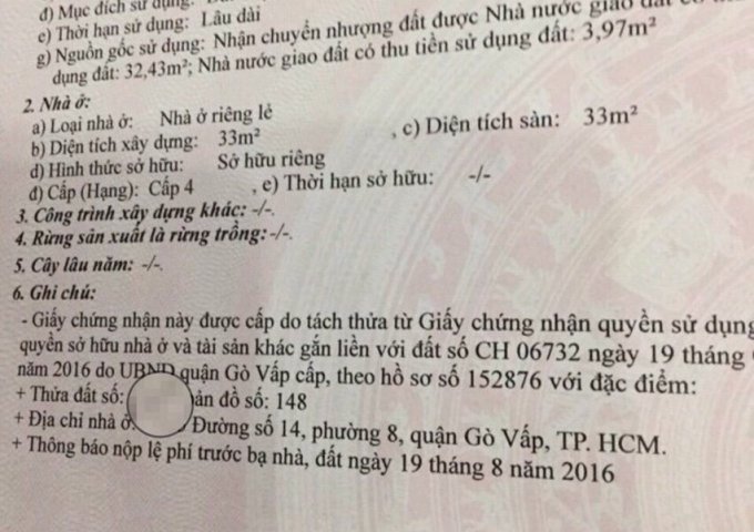 Bán nhà 106/ đường Số 14 P8 Gò Vấp, 4 x 10m, 3 lầu