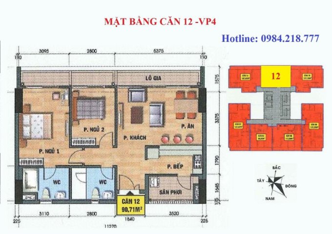 Bán căn 2 phòng ngủ chung cư VP4 bán đảo Linh Đàm, ban công mặt chính tòa nhà, Full nội thất