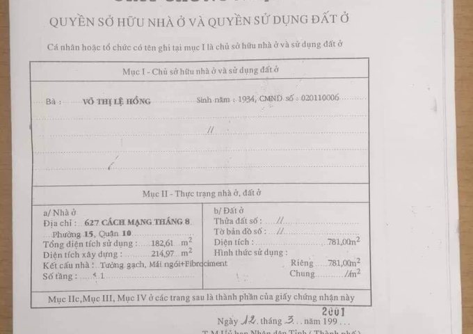 Bán gấp MT 627 Cách Mạng Tháng 8, Quận 10, vị trí vàng kinh doanh!