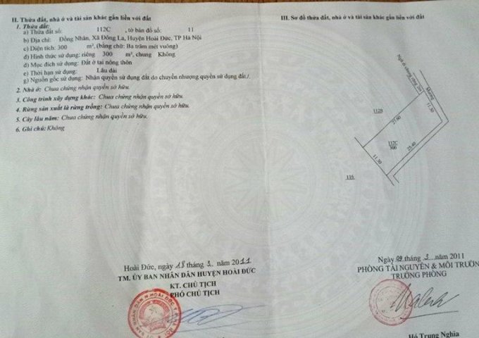 Cần bán 300m2 đất thổ cư, lô góc 2 mặt tiền tại xóm 4, Đồng Nhân, Đông La, Hoài Đức, HN