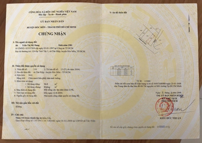 Bán đất Tân Hiệp, Hóc Môn. 5x19m, giá 800 triệu, sổ hồng riêng