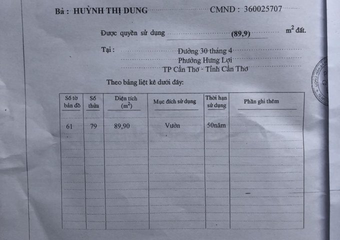 Bán đất hẻm 661 đường 30/4, Hưng Lợi, (đối diện khách sạn Vũ Bình), hướng Đông Bắc