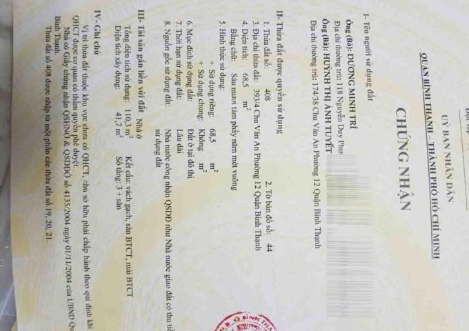  Chính chủ bán BT Hẻm 8m 393/4 Chu Văn An, P.12, Bình Thạnh - DT: 6 x 12m nở hậu 7,5m. CN 68,5m - Nhà 1 trệt, 2 lầu, sân thượng - 7,3 tỷ