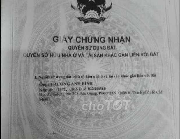 CHÍNH CHỦ CẦN BÁN GẤP NHÀ 3 TẦNG MẶT TIỀN SỐ 208- ĐƯỜNG HẬU GIANG A- PHƯỜNG 9-QUẬN 6- TP HỒ CHÍ MINH