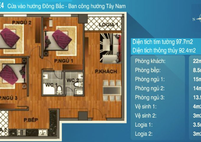 Bán căn hộ đường Hoàng Quốc Việt, 93m2, góc 3PN, giá bán 26,5 tr/m2, tầng 8