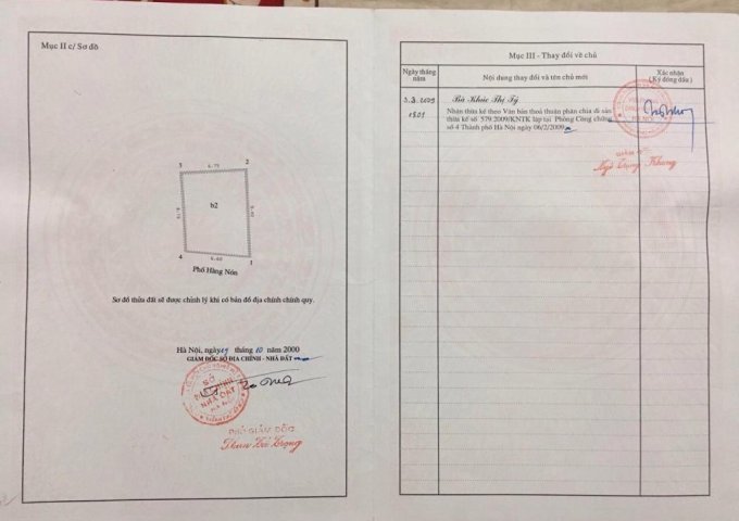 Bán nhà mặt phố số 2 Hàng Nón, Q.Hoàn Kiếm,sổ đỏ 59m2x2T, MT 6,6m, LH:0984346600