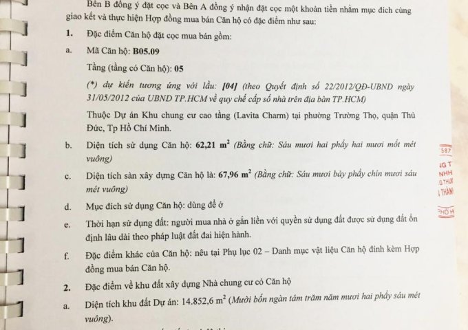 NHƯỢNG LẠI CĂN HỘ LAVITA CHARM HƯNG THỊNH CHÍNH CHỦ BLOCK B TẦNG HỒ BƠI SỐ 5 PHÒNG 9 