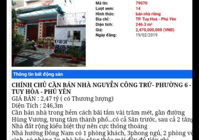 Bán nhà riêng hẻm Nguyễn Công Trứ, Phường 6, Tuy Hòa, Phú Yên 