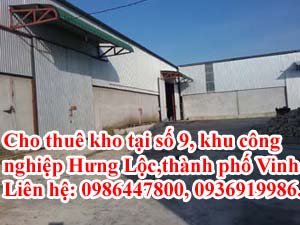 Cho thuê kho tại số 9, khu công nghiệp Hưng Lộc, Thành phố Vinh