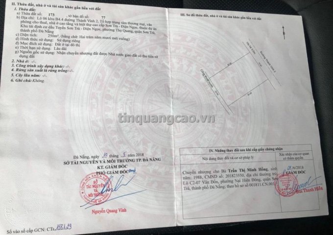 Bán lô đất B4.4 đường Thành Vinh 2, khu tái định cư đầu tuyến Sơn Trà Điện Ngọc, phường Thọ Quang, quận Sơn Trà