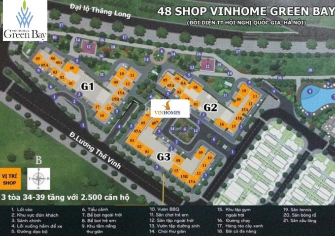 Cho thuê Shop Office tầng 2 Tòa G1 dự án Vinhomes Green Bay Mễ Trì; 38m2 – 16tr/tháng