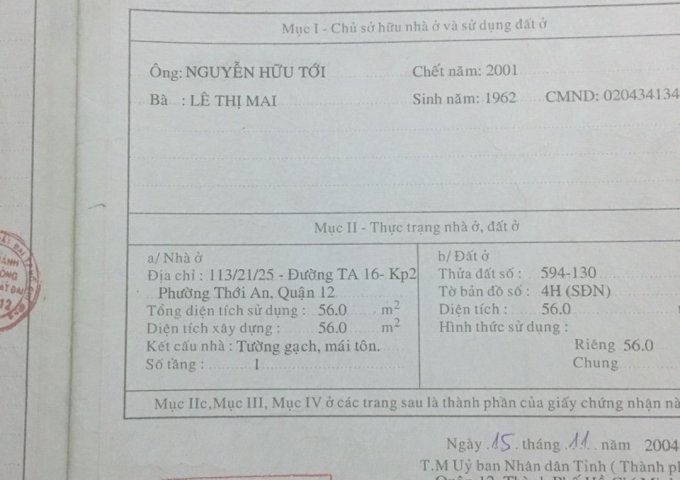 Chính chủ cần bán nhà cấp 4 Thới An 16 Quận giá 2 tỷ 85