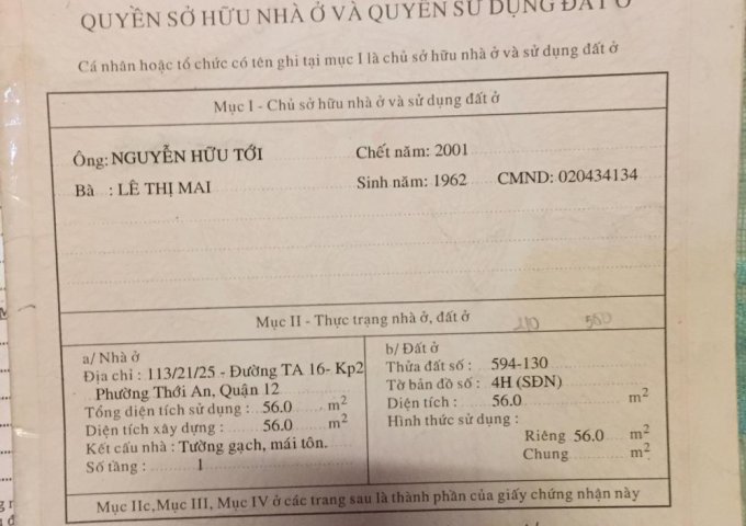 Chính chủ cần bán nhà cấp 4 Thới An 16 Quận giá 2 tỷ 85